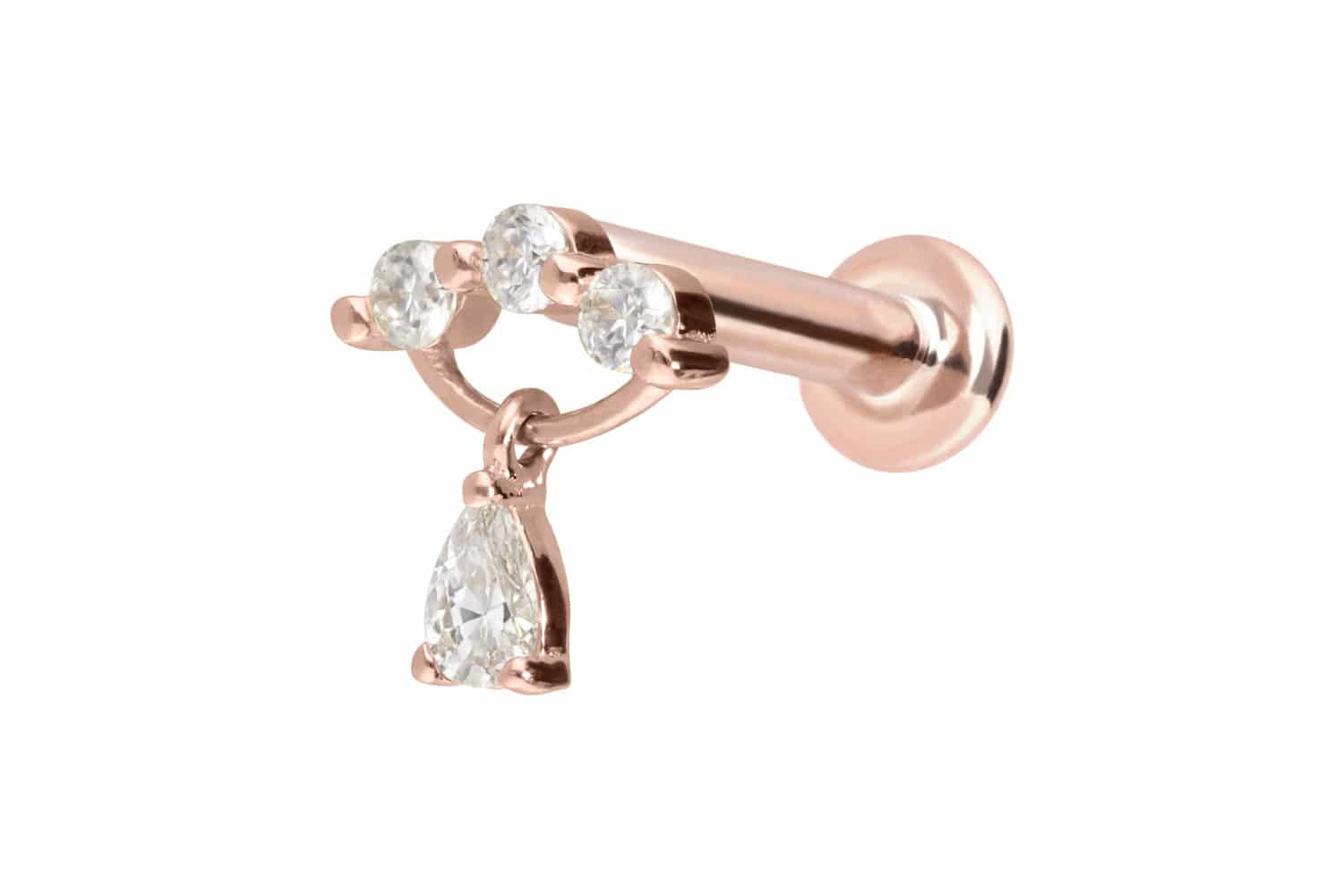 14 Karat Gold Labret Piercing mit Innengewinde MOISSANIT-BOGEN + MOISSANIT-TROPFEN